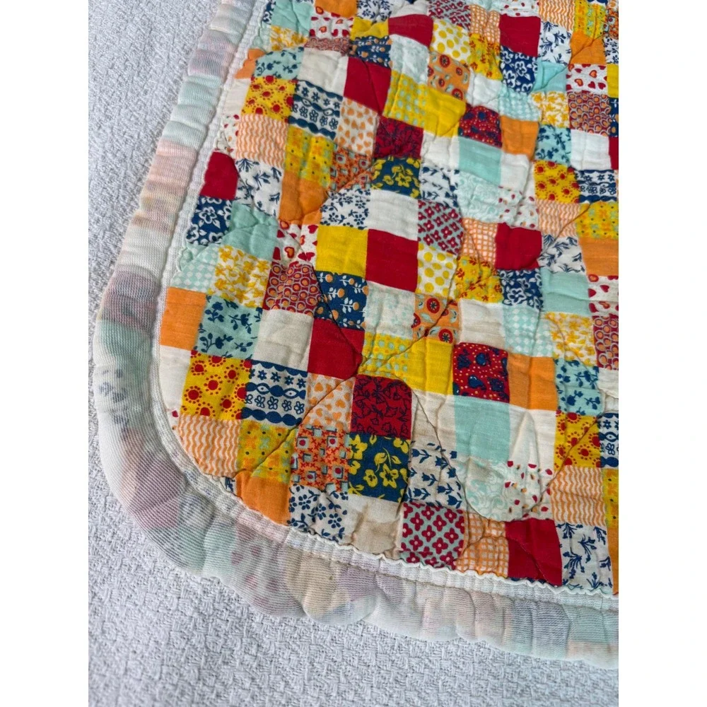Vintage Patchwork Print Baby Quilt Multi Color Floral 42x31 Cottagecore 70s
